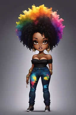 create a colorful abstract silhouette art image 8k of a chibi curvy black female wearing torn jeans pants and a black tie dye off the shoulder blouse. Prominent make up with hazel eyes. Highly detailed long tight curly afro in a hair wrap.