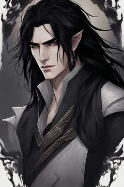Красивый молодой мужчина с длинными черными волосами, темный эльф, дроу, магия