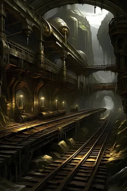 underground steampunk dwarven city with train tracks, large open dave with stalagmites