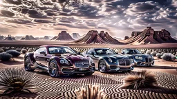 Ferrari, Bentley, and Benz in a desert, intricately detailed, long shot, professional photography, a breathtaking grassland background, realistic art, shot on dslr 64 megapixels sharp focus, canon lens, 16k resolution