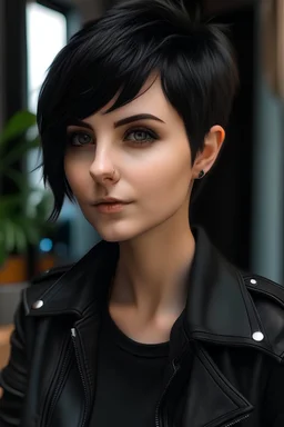 Black pixie hair girl with brown eyes wearing a black jacket