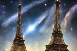 Eiffel tower made from diamonds . nebula in sky . flying cars passing by.