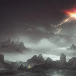 doom scenary. Heavy rain. Epic Lighting in the sky. Knight with a sword. Falling meteorite from the sky. Meteorite burning in the distance.