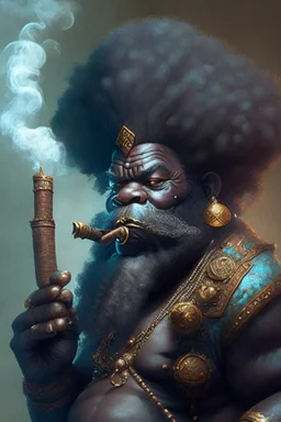 A fantasy black dwarf with an Afro smoking a cigar