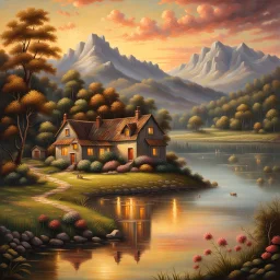 An exquisite oil painting capturing a dreamlike paradise, with a charming little farmhouse nestled by a calm lake. The farmhouse, with its rustic appeal, contrasts against the serene water, surrounded by a lush, verdant forest and rolling hills. The background unfolds into a dramatic landscape, featuring towering mountains and a stunning sunset sky that casts warm, vibrant hues across the scene. The artist's mastery is evident in the seamless blend of traditional oil painting techniques with the