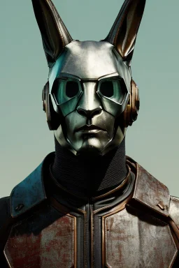 Medium Close Up Portrait, Front image. cyberpunk, rabbit mask helmet, strong man, titanium hair. Latex suit. Brown, black, color. Ghost Ryder style. Color background, photo studio. Avatar image, highly detailed, concept art, smooth, unreal engine 5, ray tracing, RTX, lumen lighting, ultra detail, volumetric lighting, 3d, finely drawn, high definition, high resolution.