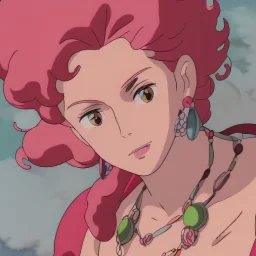 3D, Beautiful, Fire witch, round face, pale skin, wild curly pink hair, red eyes, pink and red eyeshadow, pink glossy lips, wearing a pink witch, wearing a red crystal necklace