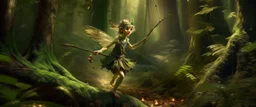 pixie quickling with background motion blur, in magical forest scene, in the style of Rembrandt