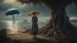 Full Body Shot Of A Young, Slim Woman Covered In rags, standing under a tree, holding an umbrella made from a jellyfish, a glowing ball in her hand, photorealistic, Detailed Matte Painting, Deep Colour, Fantastical, Intricate Detail,