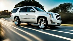 A sleek white shiny (((Customized gangsters lowrider cadillac escalade))), its contours and details perfectly captured in a (((cinematic view))), zipping along a winding road under a beautiful blue black morning sky