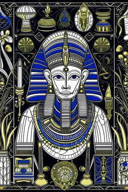 Create black and white, coloring page, Channel the splendor of King Tutankhamun's tomb with a pattern showcasing treasures such as golden sarcophagi, intricate jewelry, and ceremonial artifacts, set amidst a backdrop of rich ebony and lapis lazuli, white background, art line.