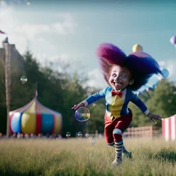 Ultra realistic circus scene. Sweet big hair monster flying. Child’s playing, smile, happy, color bubbles, smooth color, waist up view, Wes Anderson style, a lot of people background, highly detailed, concept art, unreal engine 5, god rays, ray tracing, RTX, lumen lighting, ultra detail, volumetric lighting, 3d, finely drawn, high definition, high resolution.