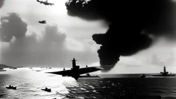 طائرات يابانية تقصف بيرل هاربر، مما أدى إلى دخول الولايات المتحدة الحرب العالمية الثانية.