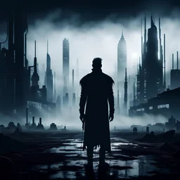 Ground level dark futuristic city scape. mist near the ground. silhouette of one man.