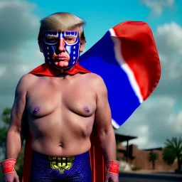 realistic image of donald trump as a mexican wrestling fighter posing outdoors, Mexican eyes wrestling mask, red and blue breeches, confederate flag cape, retro style, 80s, vibrant color, highly detailed, sky background, concept art, unreal engine 5, god rays, ray tracing, RTX, lumen lighting, ultra detail, volumetric lighting, 3d, finely drawn, high definition, high resolution.