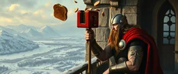 The mighty God Thor sees the toaster on a pole, spit out some bread. The bread is jumping over his head. In the style of Rembrandt and "Gods of Fallout 4". He is sitting on the balcony of his castle, with a great view over the frozen valley. He is trying to grab the bread quickly.