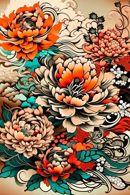 Create a captivating modern tattoo design for print , prestigious floral competition using the elegant influences of japan art style, from print, dynamic elements from fashion and design, and bold Pop Art aesthetics.
