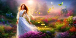 bright fairy, beautiful portrait, flowery landscape