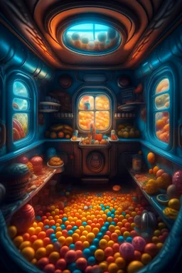 a look from the inside of a whimsical submarine made out of candy, hyper realism, photo realism, realistic lighting, realistic color grading