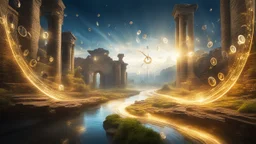 The concept of 'time' visualized as a flowing river of shimmering light, weaving through a landscape of floating clocks and ancient ruins