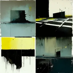 Minimal contemporary abstract oil paintings of desolate 1960s carpark with road markings and concrete fragments. Lone figure. Overlay with grungy typography graphics. style of Justin Mortimer and Francis Bacon.