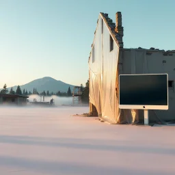 A super high definition photo of an open space with structures and a large computer screen. A transparent tarpaulin covers a ruined building. There is a group of fir trees in the background and a high hill in the distance. The surface below is in a pastel color. Fog is present.