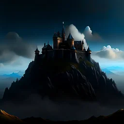 a black and menacing castle floating in midst air, hilly environment, cloudy sky