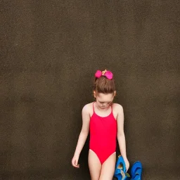 7 year old girl in blue swimsuit and shoes