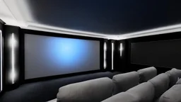 Generate an image of a sleek home cinema with our top-notch projectors and surround sound systems with a star-lined ceiling similar to a Rolls Royce in a high-rise penthouse