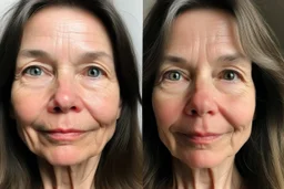 A selfie of a brunette woman, middle long hair, showing a 59-year-old European woman. She has brown hair, face without makeup, cute nose, detailed full lips, skin texture. Split screen and show on the right side the same face but without wrinkels and 15 years younger and more beautiful