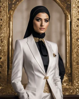 A length image ,professionals photography cinematography, stand action pose an beautiful young girl super model iranian wearing islamic hijab as spy detective with shoulder length wearing luxury jewelrys and lipstick. She is wearing a islamic fashion luxury tuxedo with a black bowtie. Her jacket is black decorations golden art and it is not buttoned. Her jacket has a corsage,She is smiling. Her cufflinks are black.stand pose in futuristic