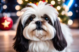 fluffy large eyed happy baby white-gold shih-tzu head sith lord in the big hall in second death star and view to a star wars planet, and christmas tree and sith gifts, cinematic eye view