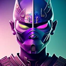 samurai purple masked villain in galaxy, teal and purple smoke, detailed, realistic, 4k