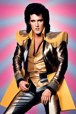 What Elvis Presley would look like if he were in a 1980s, big hair, glam rock band that wears facial makeup and crazy costumes