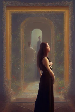 Oil painting of a woman standing in front of a man with a glass wall between them