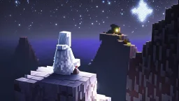 Minecraft Character, minecraft theme, purple starry sky, meditating, facing back, wearing gown, minecraft style, in between two cliffs, white clothes, edge to edge