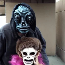 Creepy photo, strange masks, alien, homeless lady