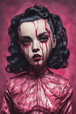 full color, illustration of a darkred and pink tones, menacing, Singer Melanie Martinez face, as a decayed, broken, skin turned translucent, black veins that extended like roots beneath her skin, latex suit, crude homemade cloth doll toy, with a narrow cracked porcelain face, thick dark eyebrows, hair in two gradually, made from ragged strips of cloth, in the style of Alex Pardee, Tim Burton, and Nadya Sheremet