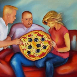 Two men and one woman eating pretzel pizza,oil painting style