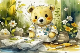 close-up of a cute chibi teddy bear packing piles of white clothes in the forest, laundry machine, grass and flowers next to him, melting watercolour and black ink outlines on wet paper, photorealistic, golden glitters S<AI in sunshine, ethereal, cinematic postprocessing