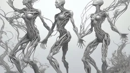 Image is a digital artwork featuring a group of humanoid figures composed entirely of intricate, metallic, vine-like structures. These figures are set against a soft, misty background, creating a surreal and ethereal atmosphere. The figures are positioned in various poses, with arms raised and intertwined, suggesting movement or interaction. The metallic vines form complex patterns that mimic the musculature and anatomy of human bodies, with a reflective, silver-gray surface that catches the lig
