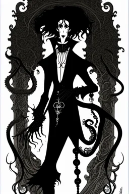 gothic creepy handsome black haired warlock with gothic jewelry and tentacle hands in the style of aubrey beardsley