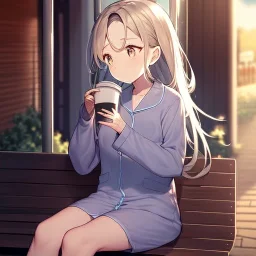 anime girl sitting on a porch swing of an old house, journaling, wearing pajamas, drinking a cup of coffee, writing in a book, shes watching it rain, more detail on hands and her face,shes deep in her thoughts