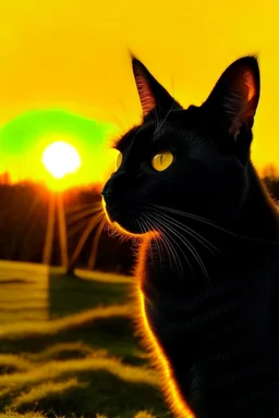 A black cat staring at the Sun rise