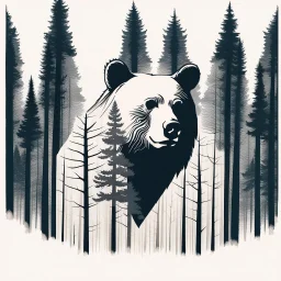 M shaped bear head combined with woods silhouette in backround, letterpress style, minimalistic pencil art