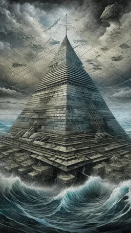 Synthography Art in Bocsh painting style nightmare of The Pyramid shape building in the middle of ocean waves water with visual details of mechanical and electrical components and chips and components textures with gray clouds stormy weather in the background