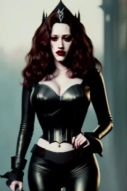 painting of kat dennings as evil queen in black leather pants, , leather, angry, stern look, volumetric lighting, particales,highly detailed,cinematic, deep colours,8, highly detailed, digital painting, artstation, concept art, smooth, sharp focus,