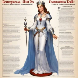 character concept sheet with AD&D statistics and characteristics, [illustration by Norman Rockwell for dungeons and dragons module B3] Silver Princess, youthful Madonna. Her special skills are: awakening, glimmer of anticipation, Moon stirs, magic objects: her silver nightgown like a shimmering waterfall, a large ruby pendant