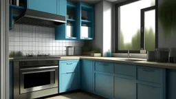 kitchen with blue, on the left side by the window from the bottom up, a microwave and an oven installed in the furniture, and on the right side and next to it an induction hob and a cooker hood above it, on the right side there is a sink and a dishwasher underneath it