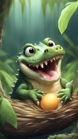 Kawaii, Cartoon, one Cute cry crocodile, eating its eggs in the nest and crying , Caricature, Realism, Beautiful, Delicate Shades, Lights, Intricate, CGI, Botanical Art, Animal Art, Art Decoration, Realism, 4K , Detailed drawing, Depth of field, Digital painting, Computer graphics, Raw photo, HDR